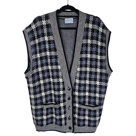 VTG 90s Pendleton Wool Plaid Cardigan Vest 3X Gray Black Academia Preppy Dad USA - Picture 1 of 7